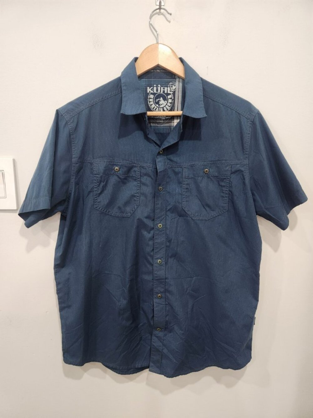KUHL Stealth Shirt Mens M Blue Short Sleeve Snap Button Outdoor Gorpcore